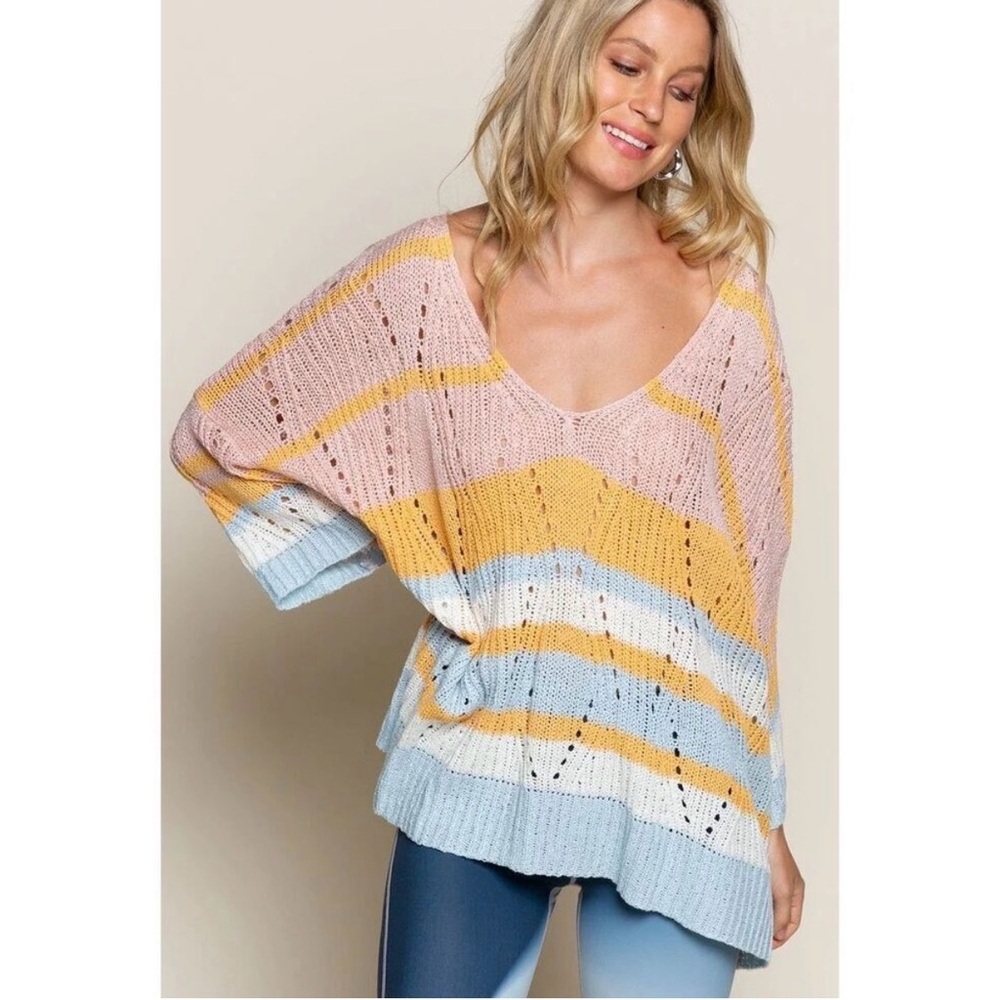 POL Oversized Boho Open Knit Pink Blue Pastel Stripe V-Neck Sweater Small Spring